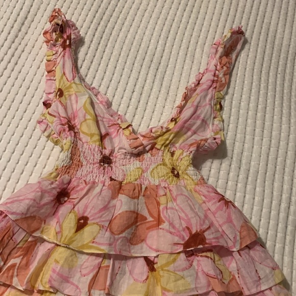 Revolve x Sundress Dress Lolita Ruffle Tiered Mini in Riviera Linen Pink Floral - Picture 11 of 12